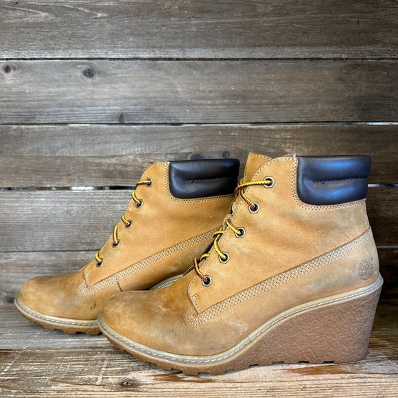 Womens Timberland Amston Wheat Nubuck‎ Leather Wedge Heeled Ankle Boots Size 7 M - Picture 2 of 6